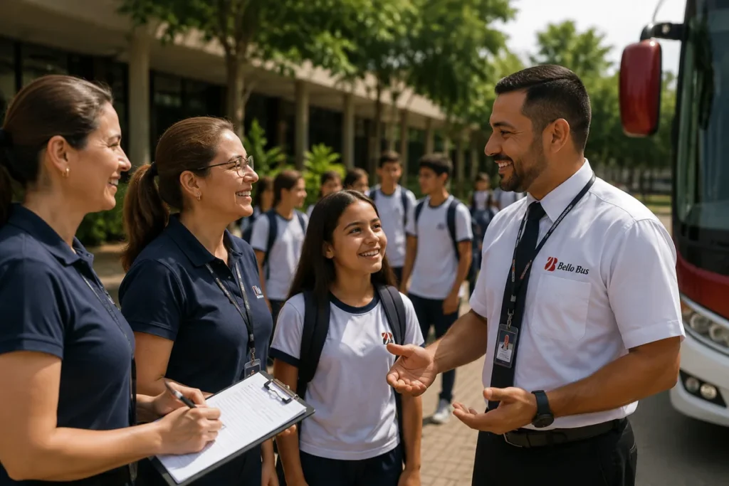 Equipe recebendo alunos para passeio escolar