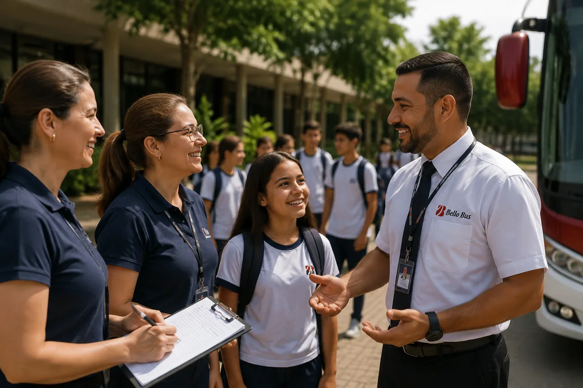 Equipe recebendo alunos para passeio escolar