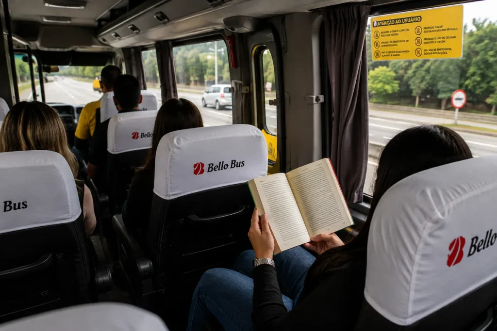 Passageiros a bordo de veículo Bello Bus
